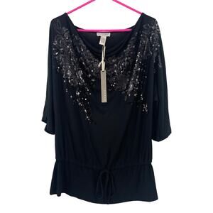 KENAR Top Size Large Black Sequins Holiday Casual Cocktail Stretch Blouse NWT